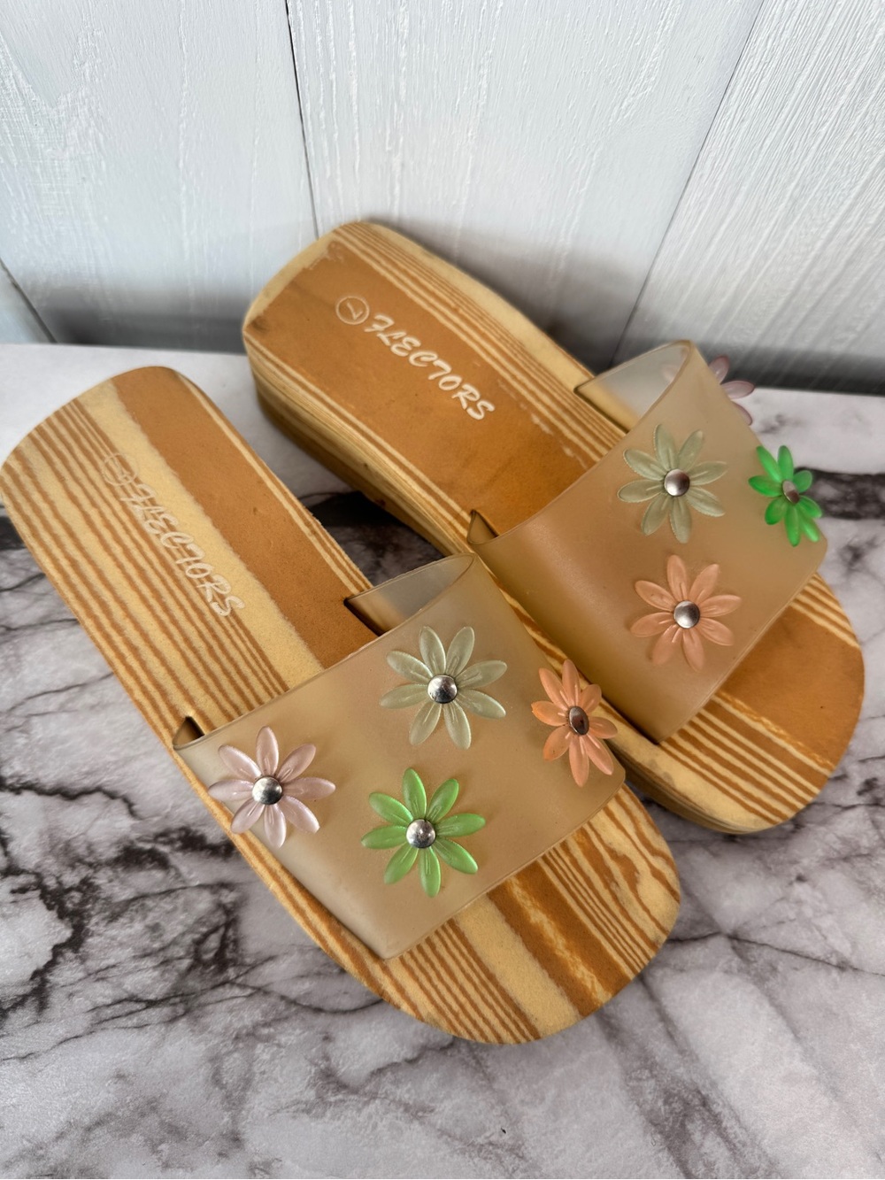 Vintage 90s Y2K Flectors Wooden Platform Wedge Slide Sandals Jelly Flower 7